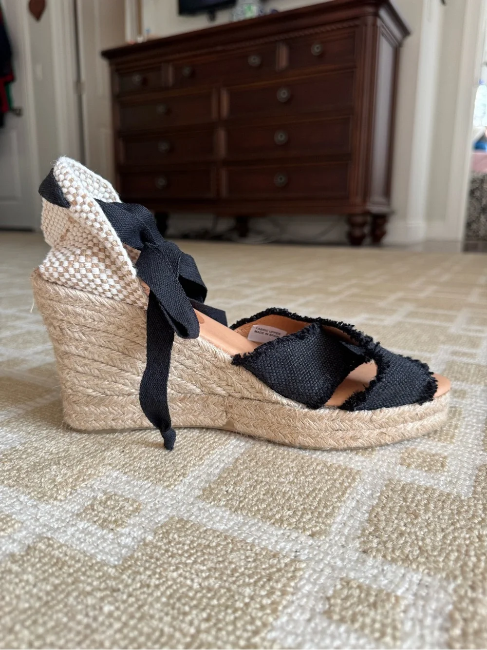 Patricia Green Spain Espadrille Wedge Lace-Up Sandals Black Ivory Size 9